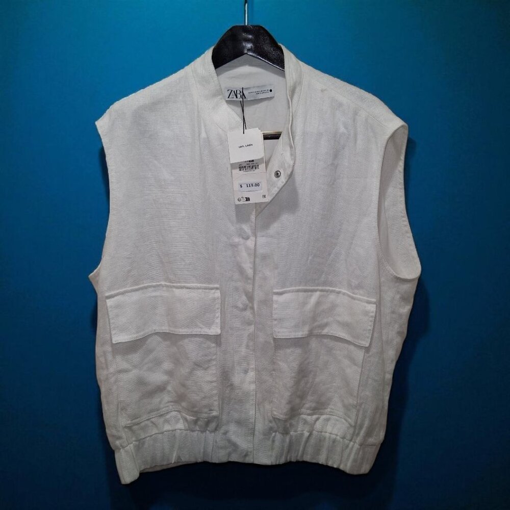 ZARA 100% Linen White Vest Jacket – Size M-L – NWT Originally $119